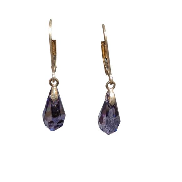 925 Sterling Leverback Blue/Purple Faceted Crystal Briolette Cut Dangle Earrings - Picture 4 of 6